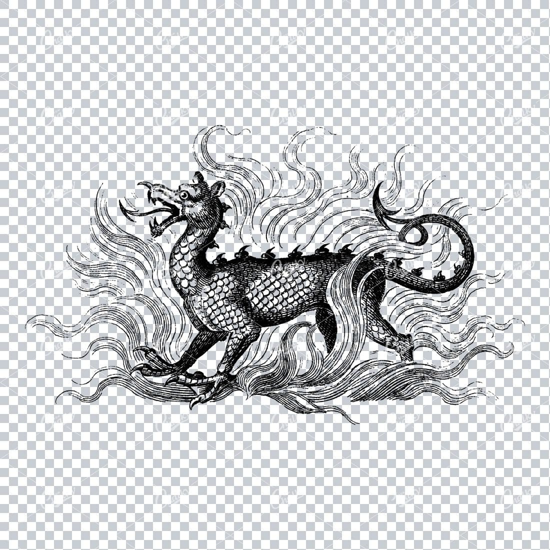 Antique Illustration of a Dragon Walking in Fire