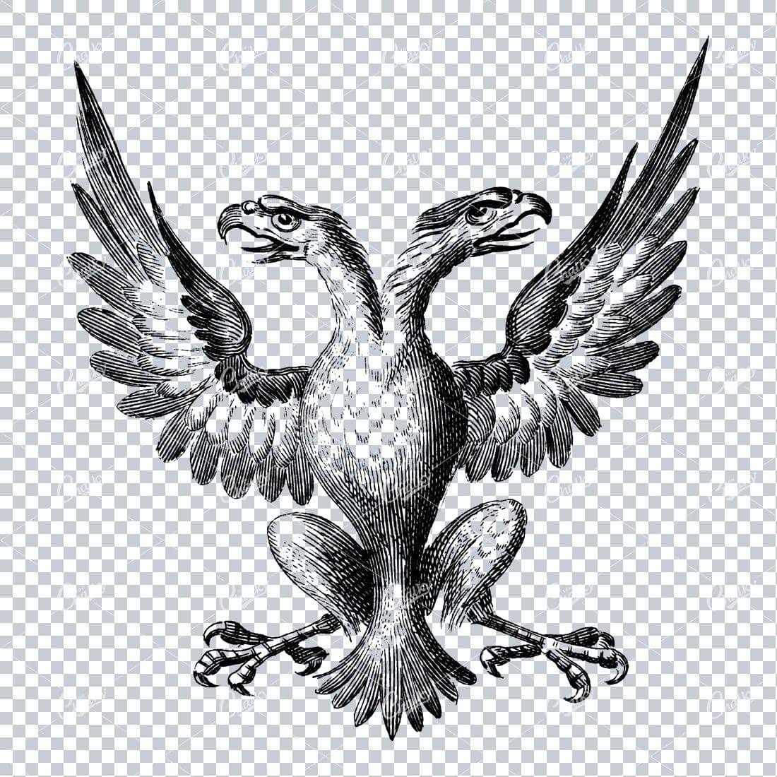 Antique Heraldry Line Art Drawing of a Two Headed Eagle