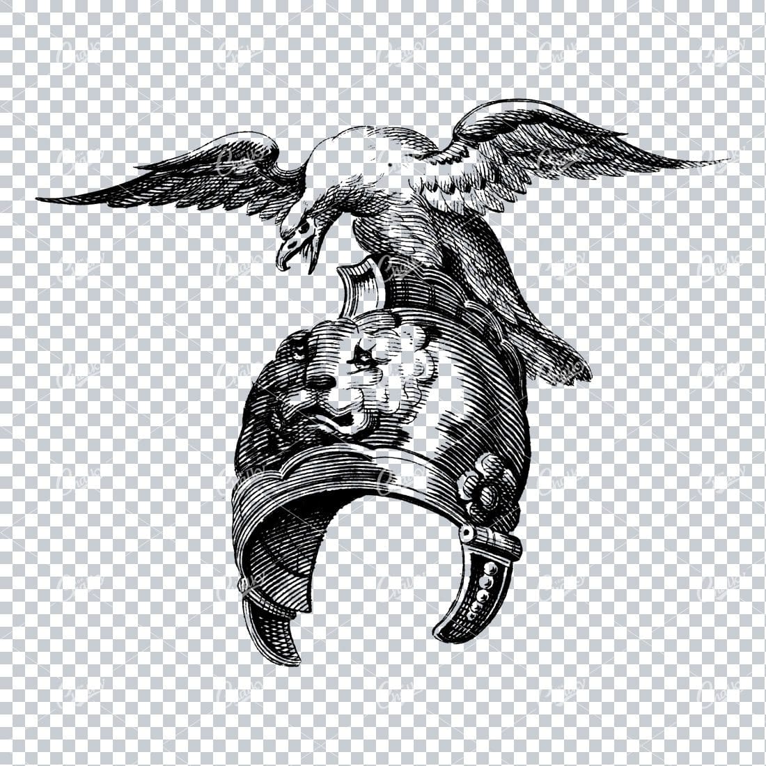 Antique Heraldry Illustration of an Eagle atop a Helmet