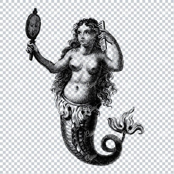 Antique Illustration of a Mermaid Looking into a Mirror