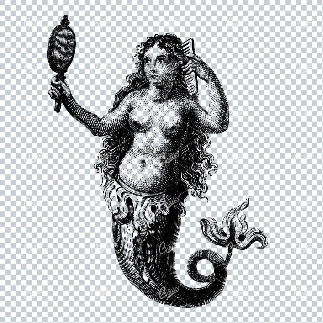 Antique Illustration of a Mermaid Looking into a Mirror