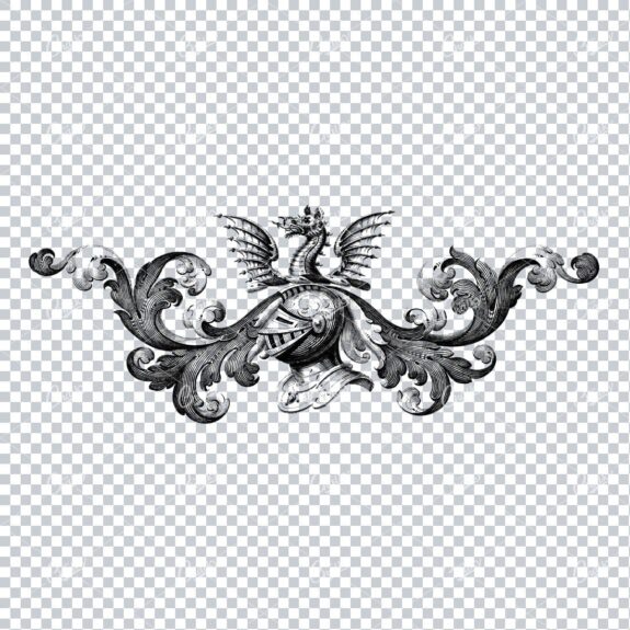 Decorative Flourish Design with Knight Helmet and Dragon