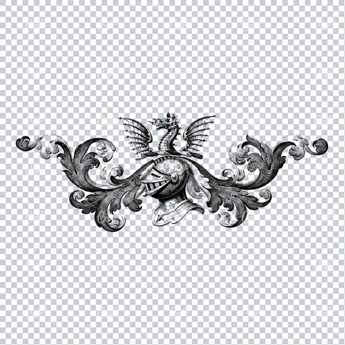 Decorative Flourish Design with Knight Helmet and Dragon