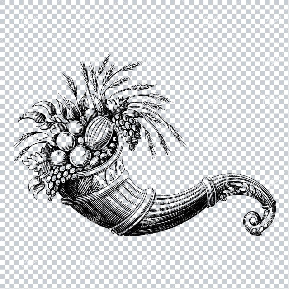 Decorative Floral Clip Art of a Horn with Flowers / Fruit