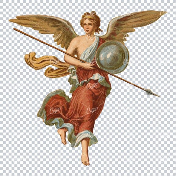 Vintage Painting of an Angel Holding a Spear and Shield
