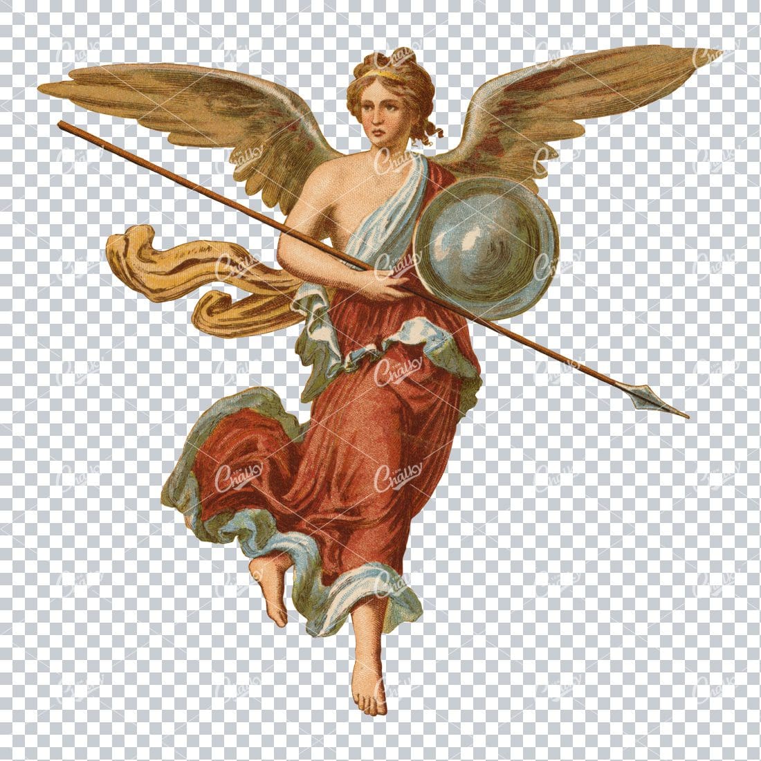 Vintage Painting of an Angel Holding a Spear and Shield