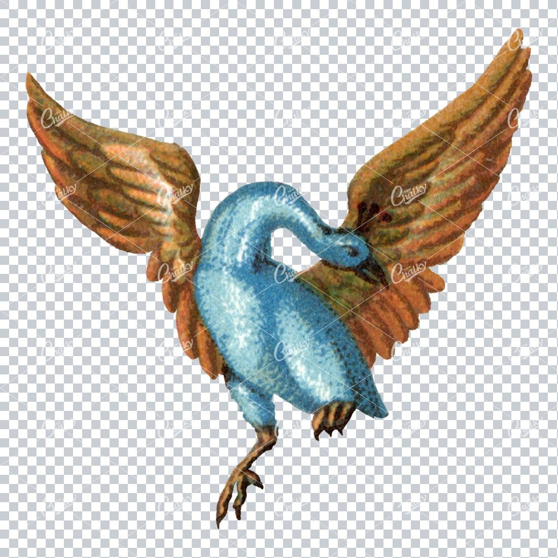 Vintage Colored Illustration of a Bright Blue Bird with Gold Wings