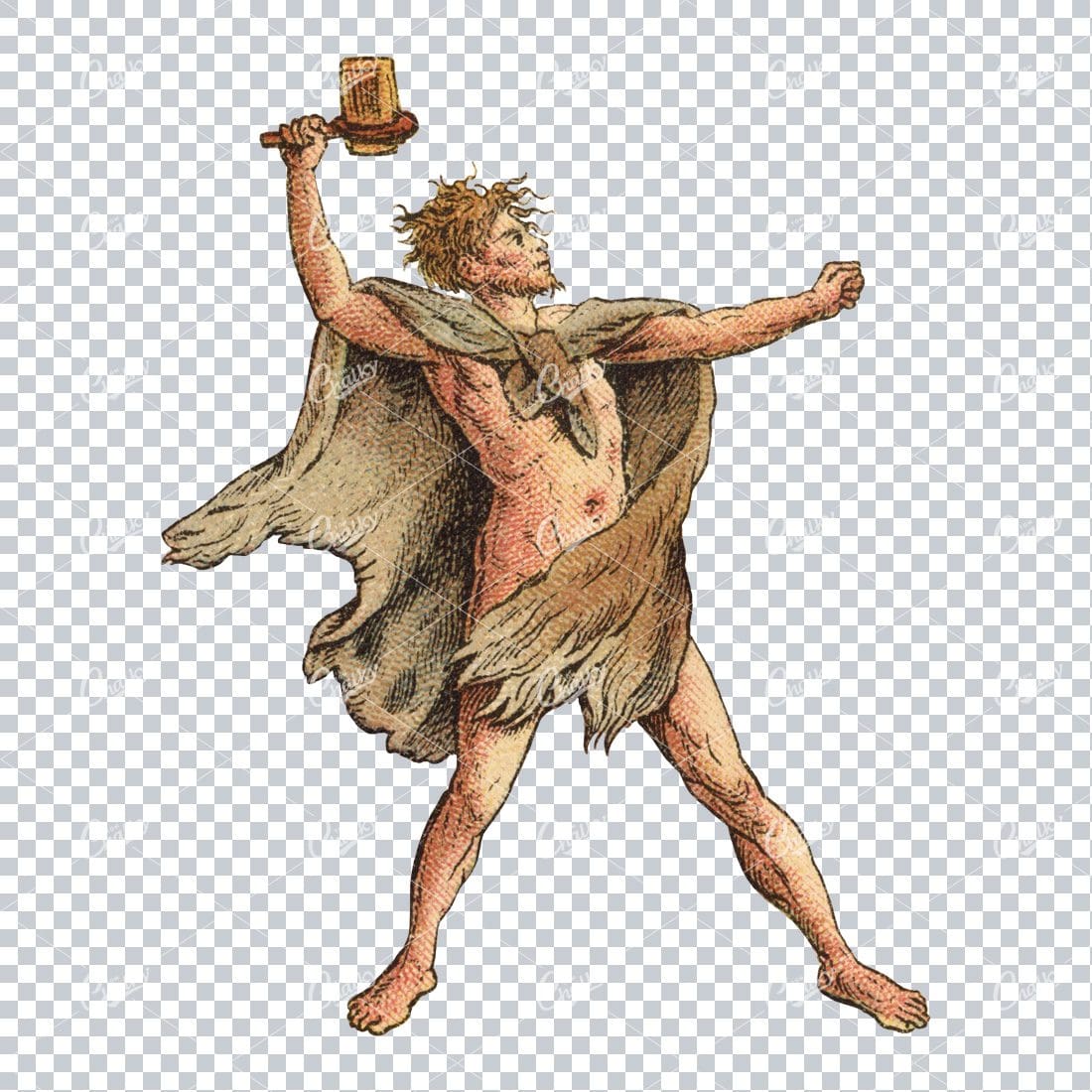 Vintage Line Art Color Illustration of a Cave Man