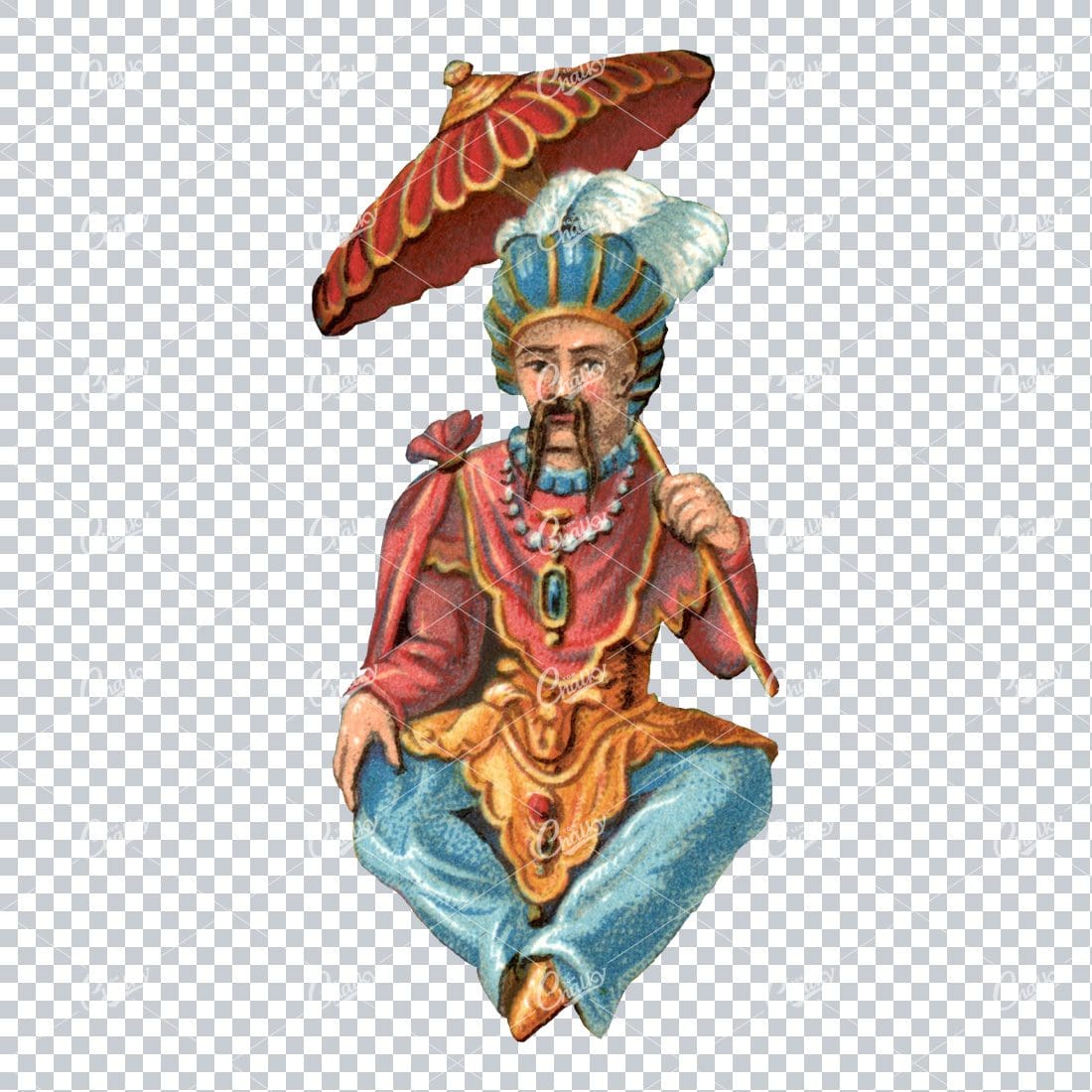 Antique Illustration of an Iranian Man with Royal Dress and Umbrella