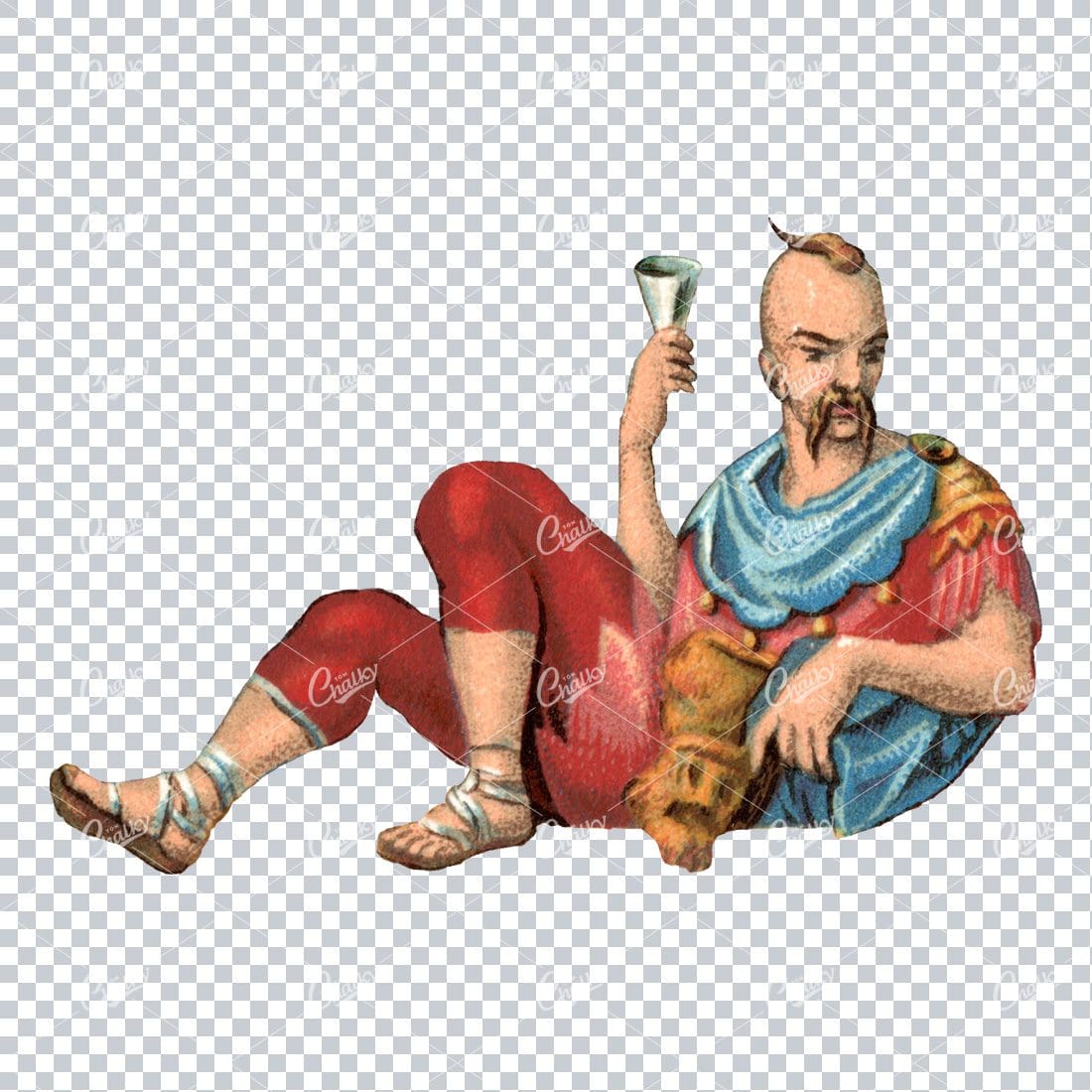 Antique Illustration of Man with Glass of Wine in Robes