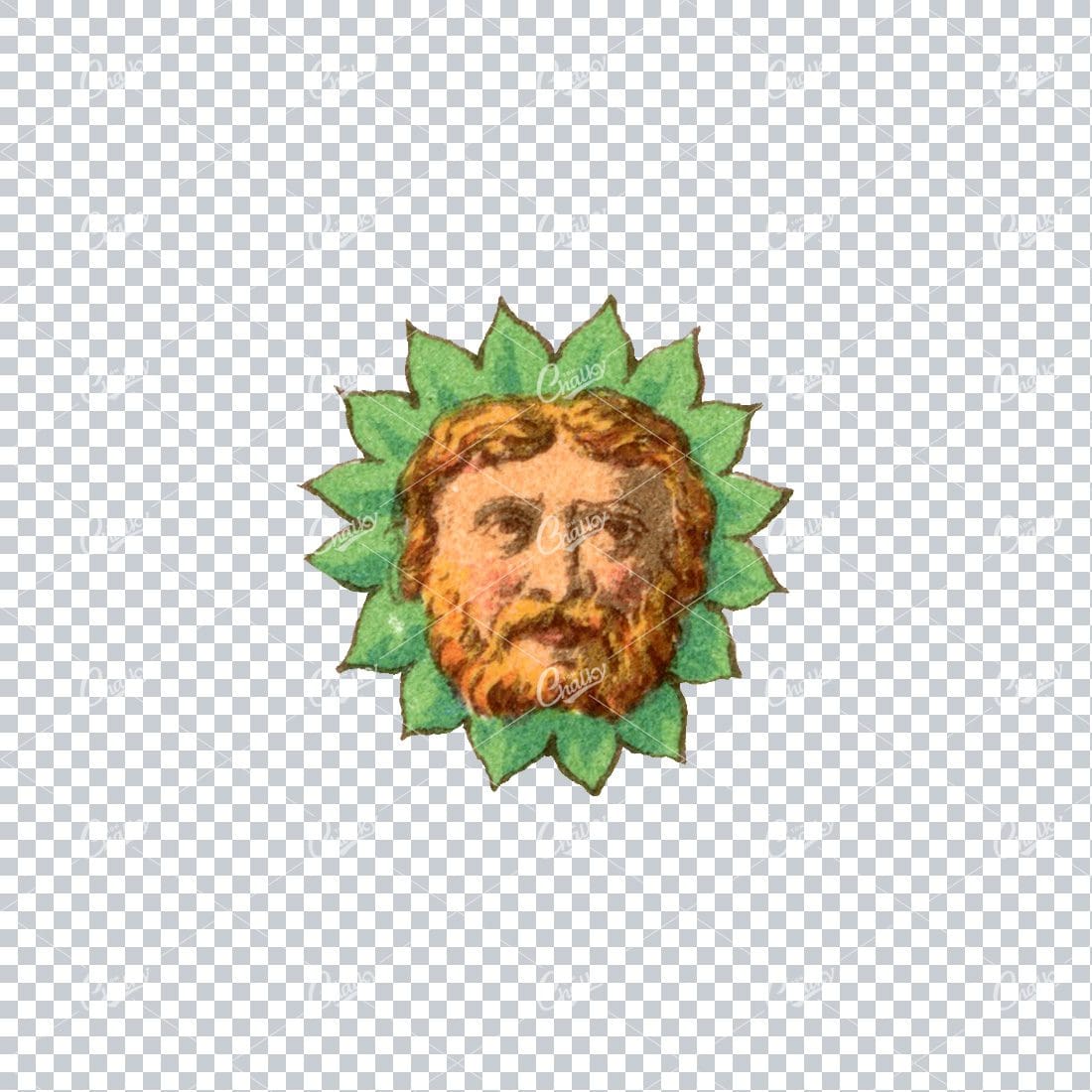 Vintage Illustration of a Mans Face with Green Petals