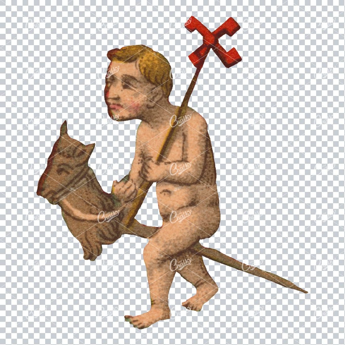 Vintage Handdrawn Illustration of a Boy Riding a Hobby Horse