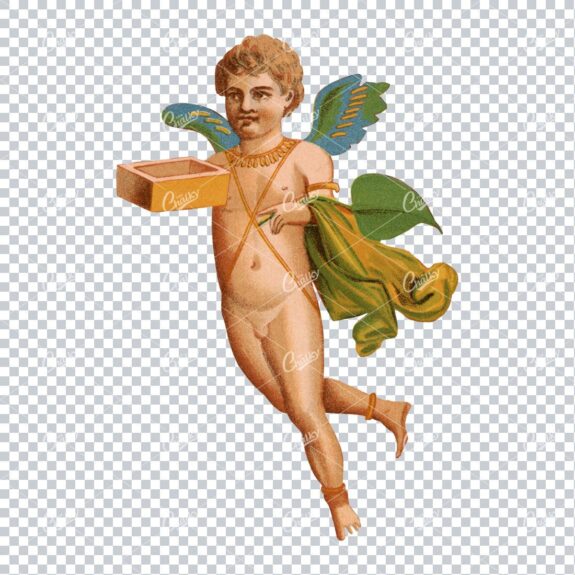 Vintage Illustration of a Cherub Holding a Robe and Box