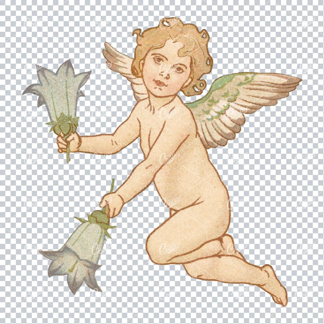 Vintage Art Deco Illustration of a Cherub Holding Two Flower Heads