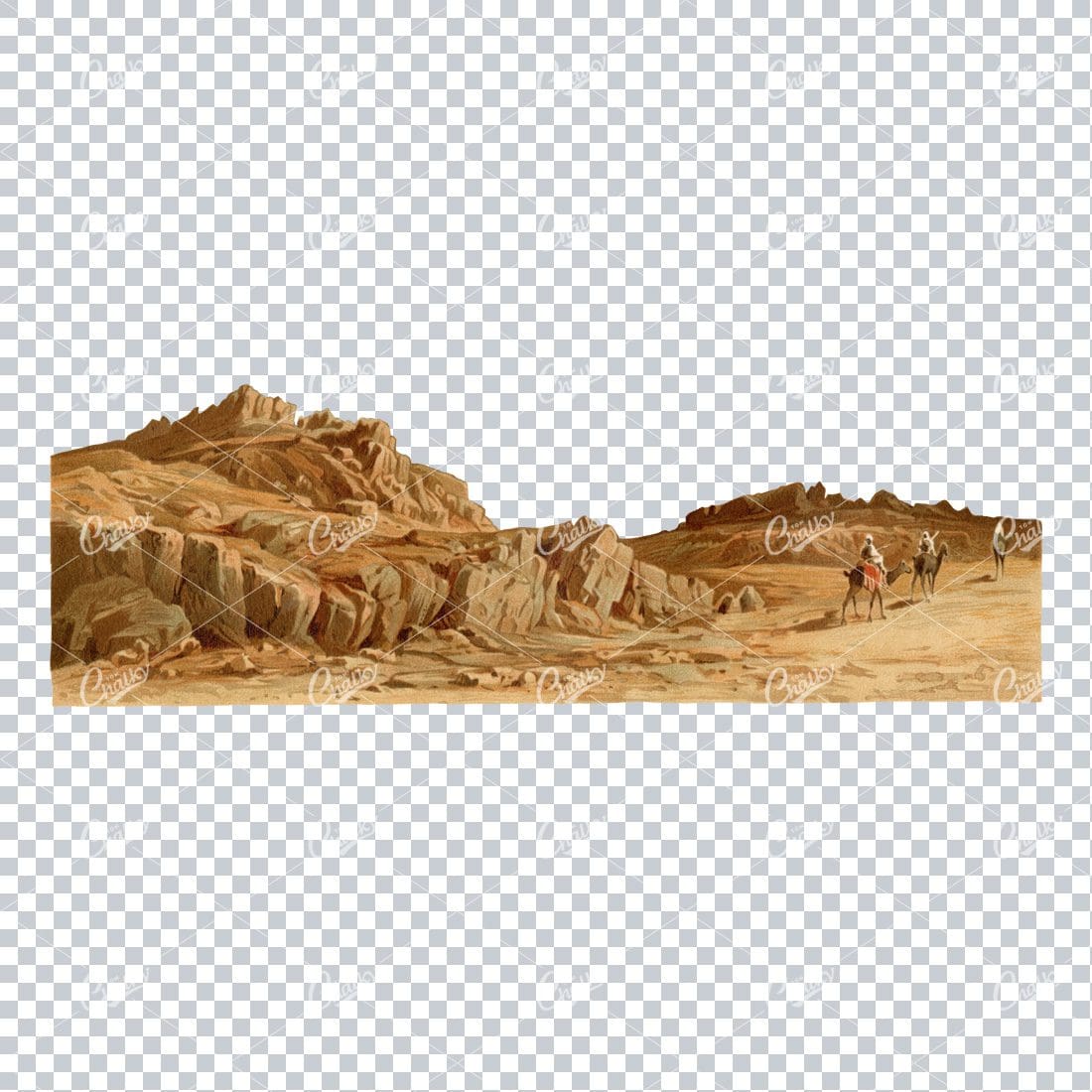 Old Landscape Illustration of a Desert and Men Riding Camels