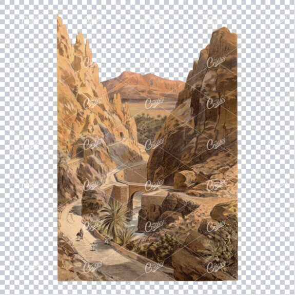 Vintage Landscape Illustration of a Bridge and Road Cutting Through Desert / Mountains No.1