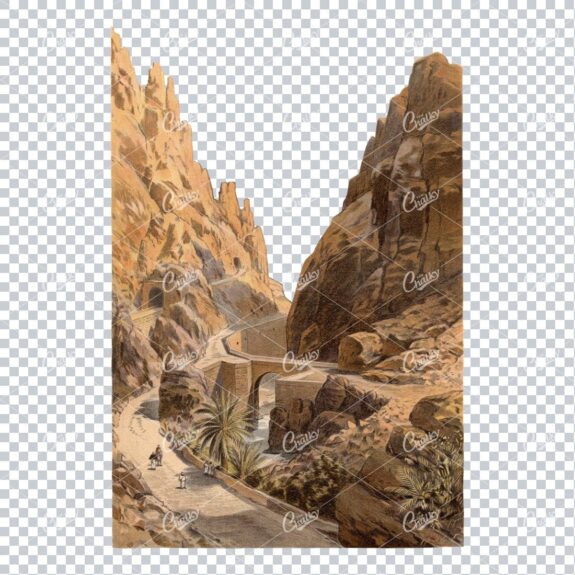 Vintage Landscape Illustration of a Bridge and Road Cutting Through Desert / Mountains No.2