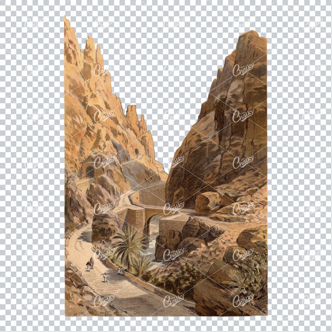 Vintage Landscape Illustration of a Bridge and Road Cutting Through Desert / Mountains No.2