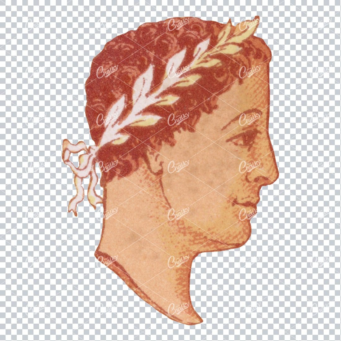 Vintage PNG Color Illustration of a Greek Man's Side Profile with Laurel Crown