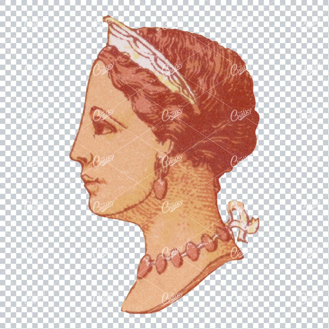 Vintage PNG Color Illustration of a Greek Woman's Side Profile with Crown