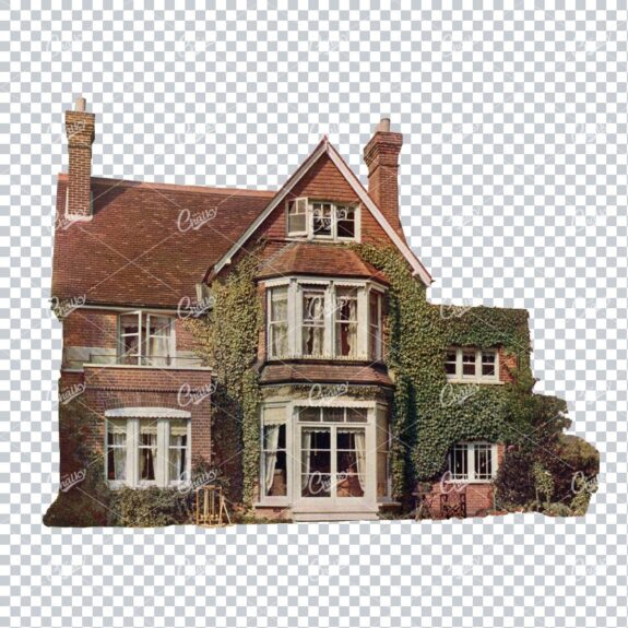 Vintage PNG Color Illustration of a Victorian English House