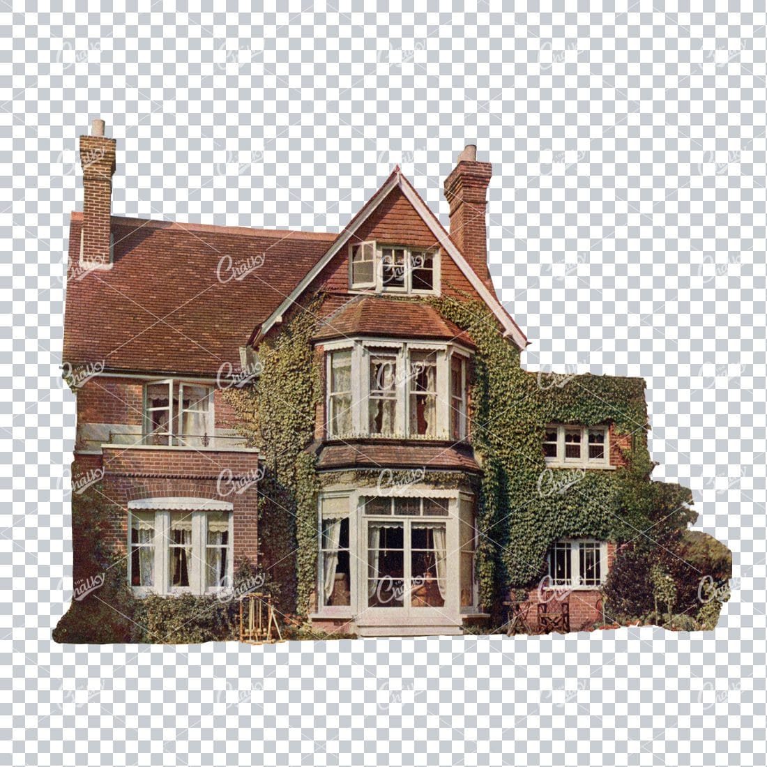 Vintage PNG Color Illustration of a Victorian English House