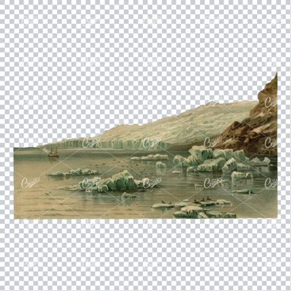 Vintage Icecaps Landscape Illustration with Ship, Penguins and Birds