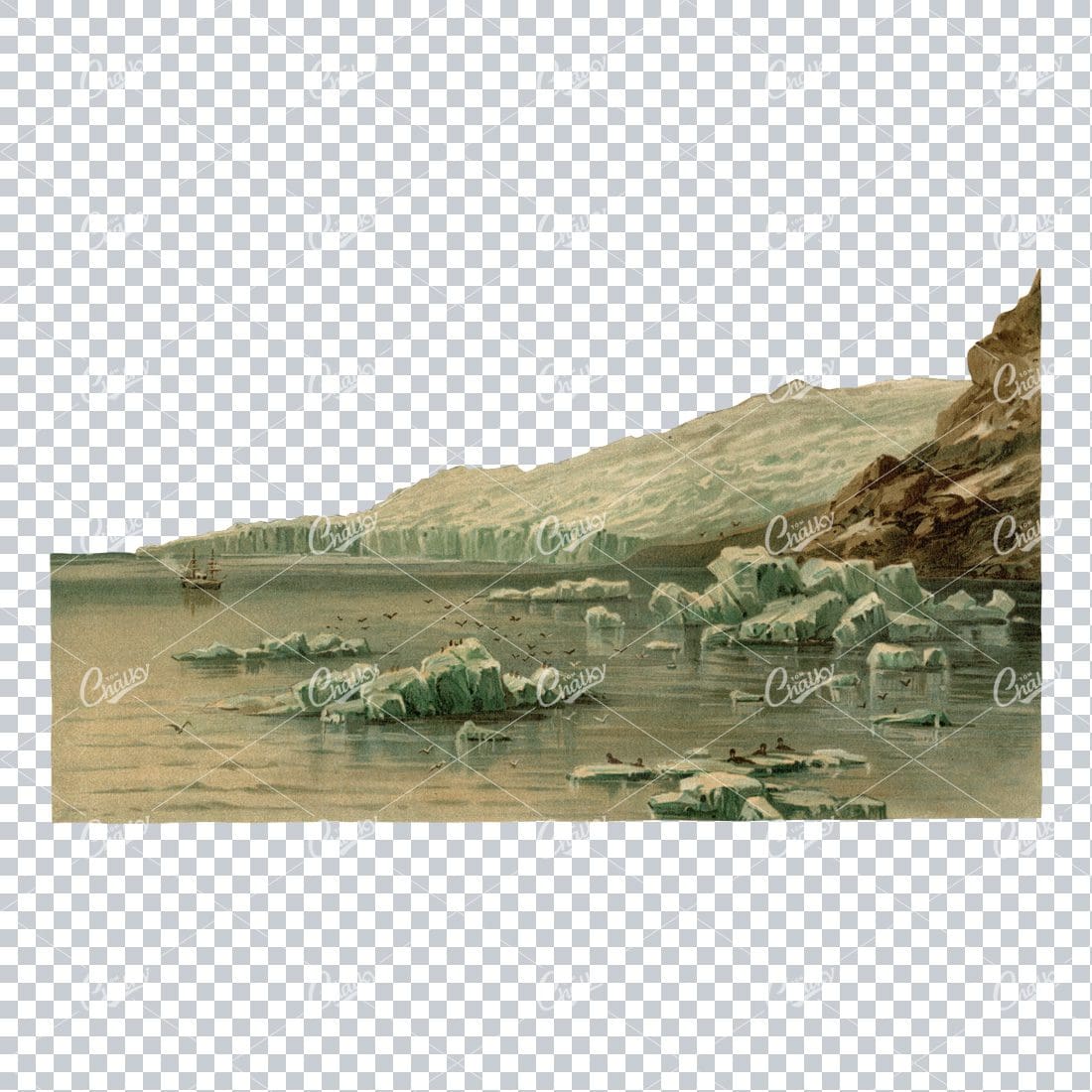 Vintage Icecaps Landscape Illustration with Ship, Penguins and Birds