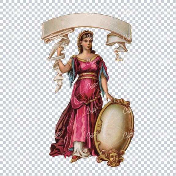 Vintage Color Illustration of a Lady in Robes with Ribbon Banner and Sign