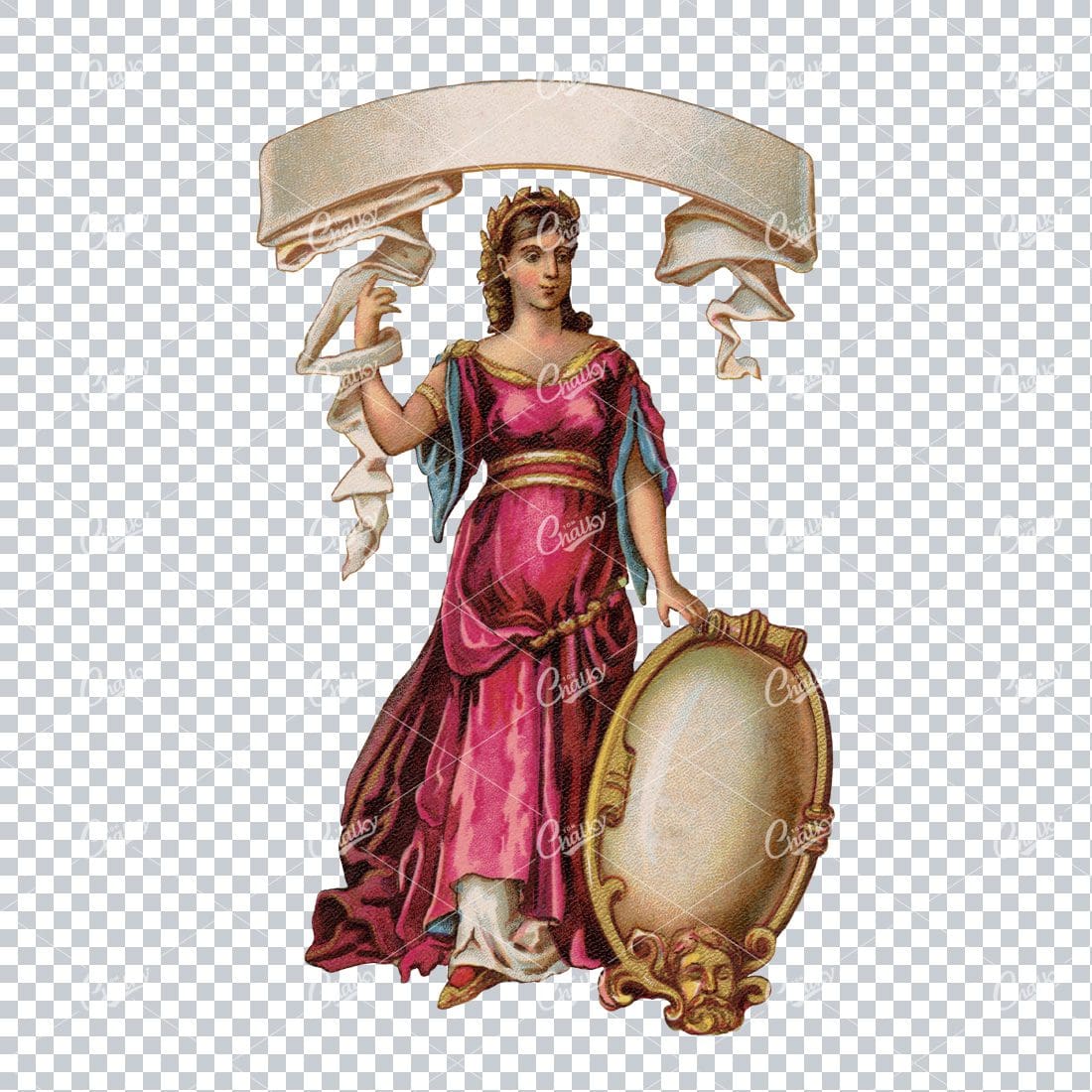 Vintage Color Illustration of a Lady in Robes with Ribbon Banner and Sign
