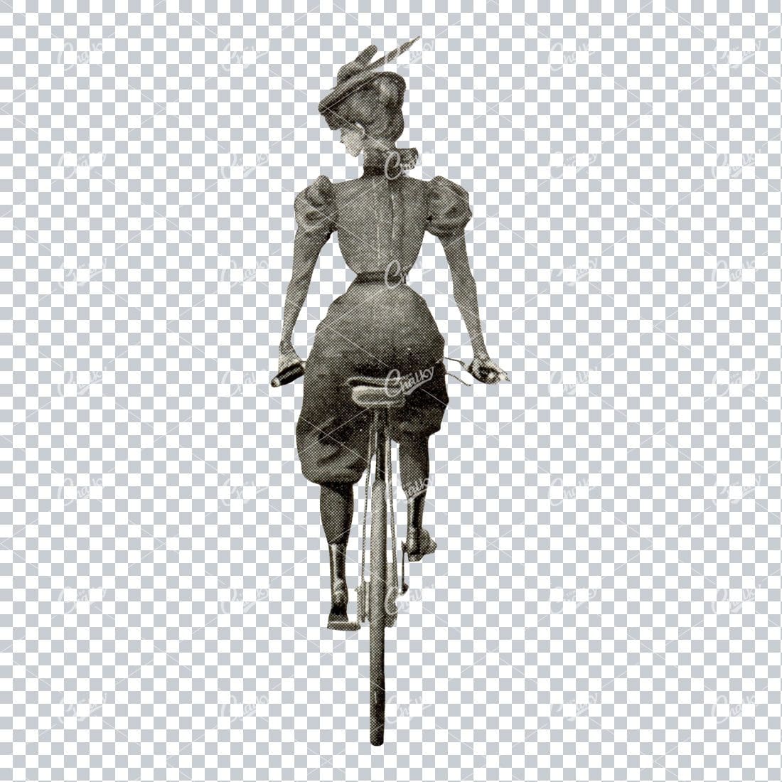 Vintage Sepia Toned Illustration of a Lady Riding a Bicycle