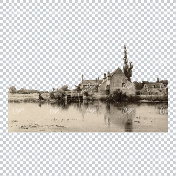 Vintage Sepia Toned Landscape Photo of a House on a Lake