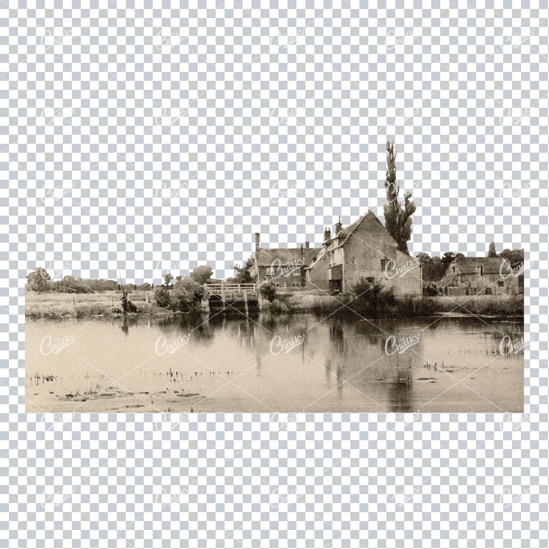 Vintage Sepia Toned Landscape Photo of a House on a Lake