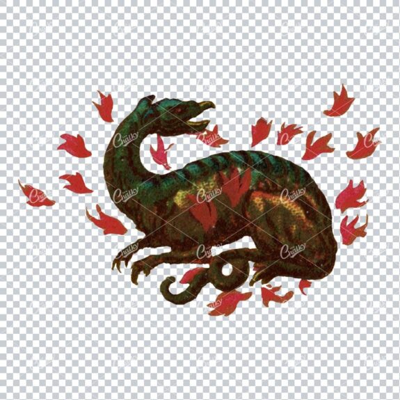 Small Insignia Vintage Color Illustration of a Dinosaur / Dragon in Flames