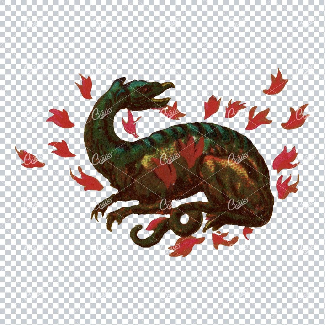 Small Insignia Vintage Color Illustration of a Dinosaur / Dragon in Flames