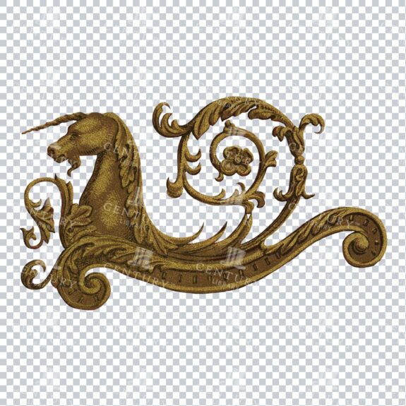 Vintage PNG Design Element - Gold Decorative Flourished Design With Unicorn