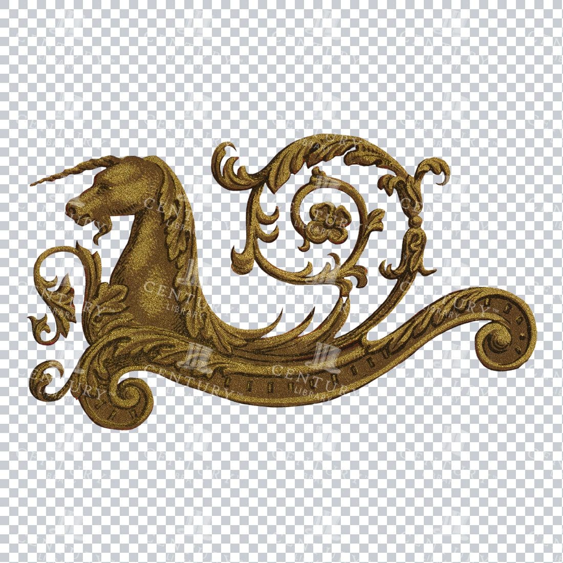 Vintage PNG Design Element - Gold Decorative Flourished Design With Unicorn