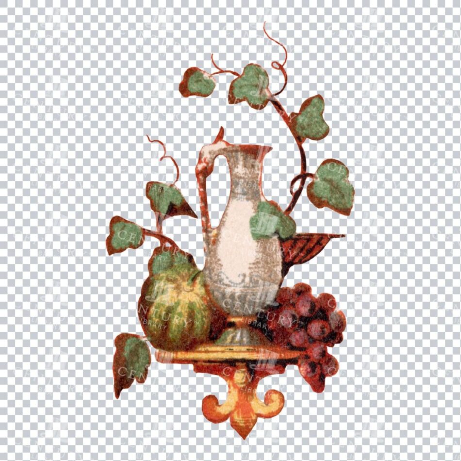 Ewer On Ornate Wall Shelf With Grapes, Gourd, And Curling Ivy - Warm Red-brown Accents And Soft Painterly Texture