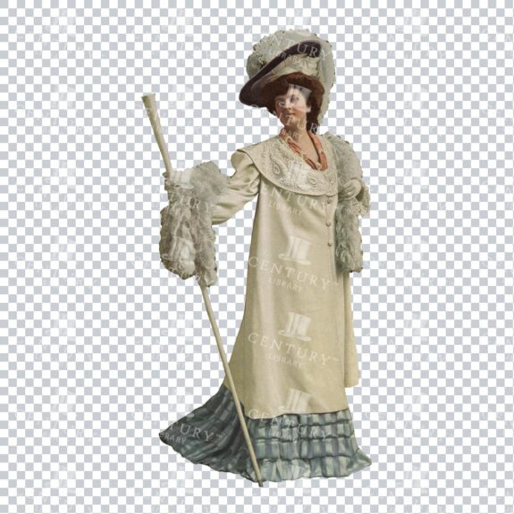 Antique Photo Collage Clip Art of a Woman in Full Dress Holding a Staff