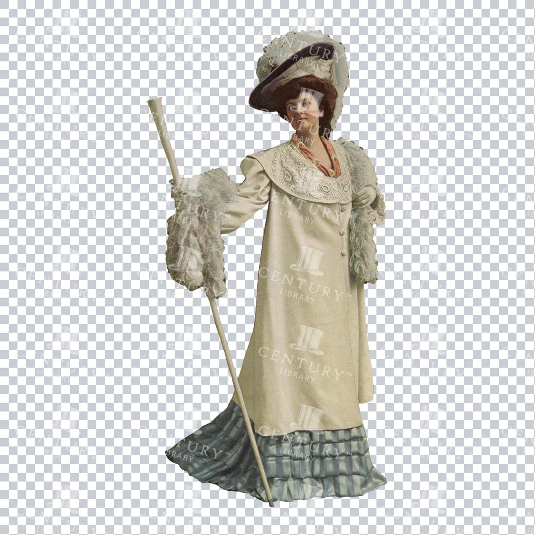 Antique Photo Collage Clip Art of a Woman in Full Dress Holding a Staff