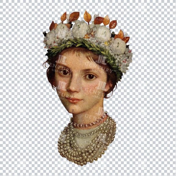 Vintage Color Illustration of a Woman with a Floral Crown and Pearl Necklace