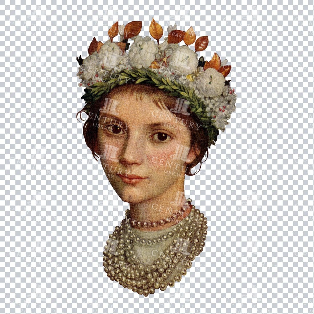 Vintage Color Illustration of a Woman with a Floral Crown and Pearl Necklace