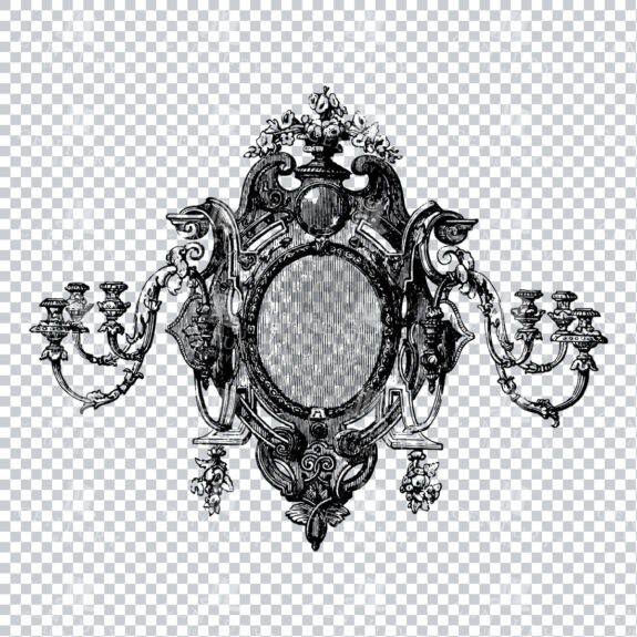 Vintage Line Art PNG Illustration of a Decorative Chandelier with Mirror