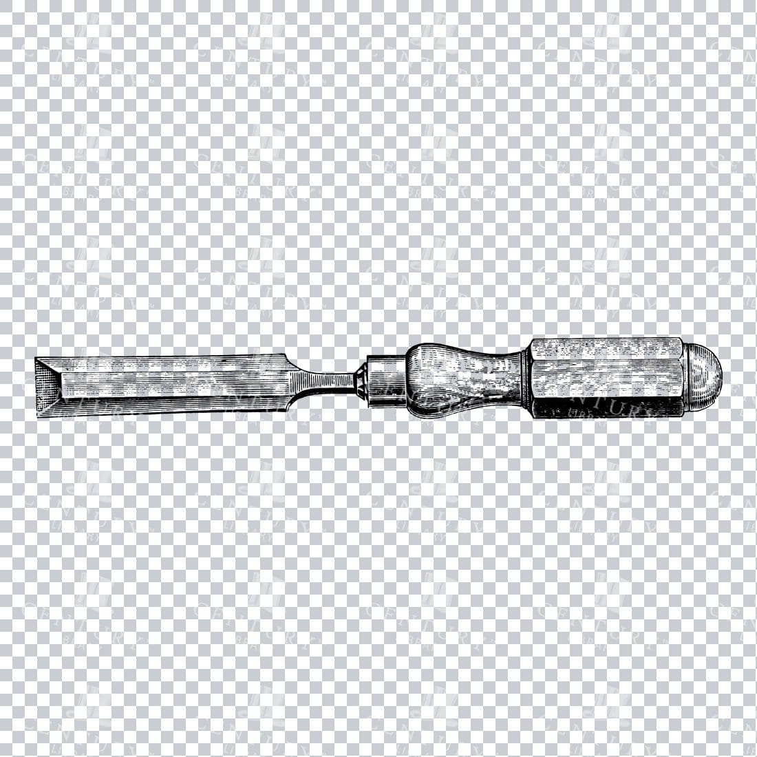 Vintage Line Art PNG Illustration of a Chisel Tool No.4