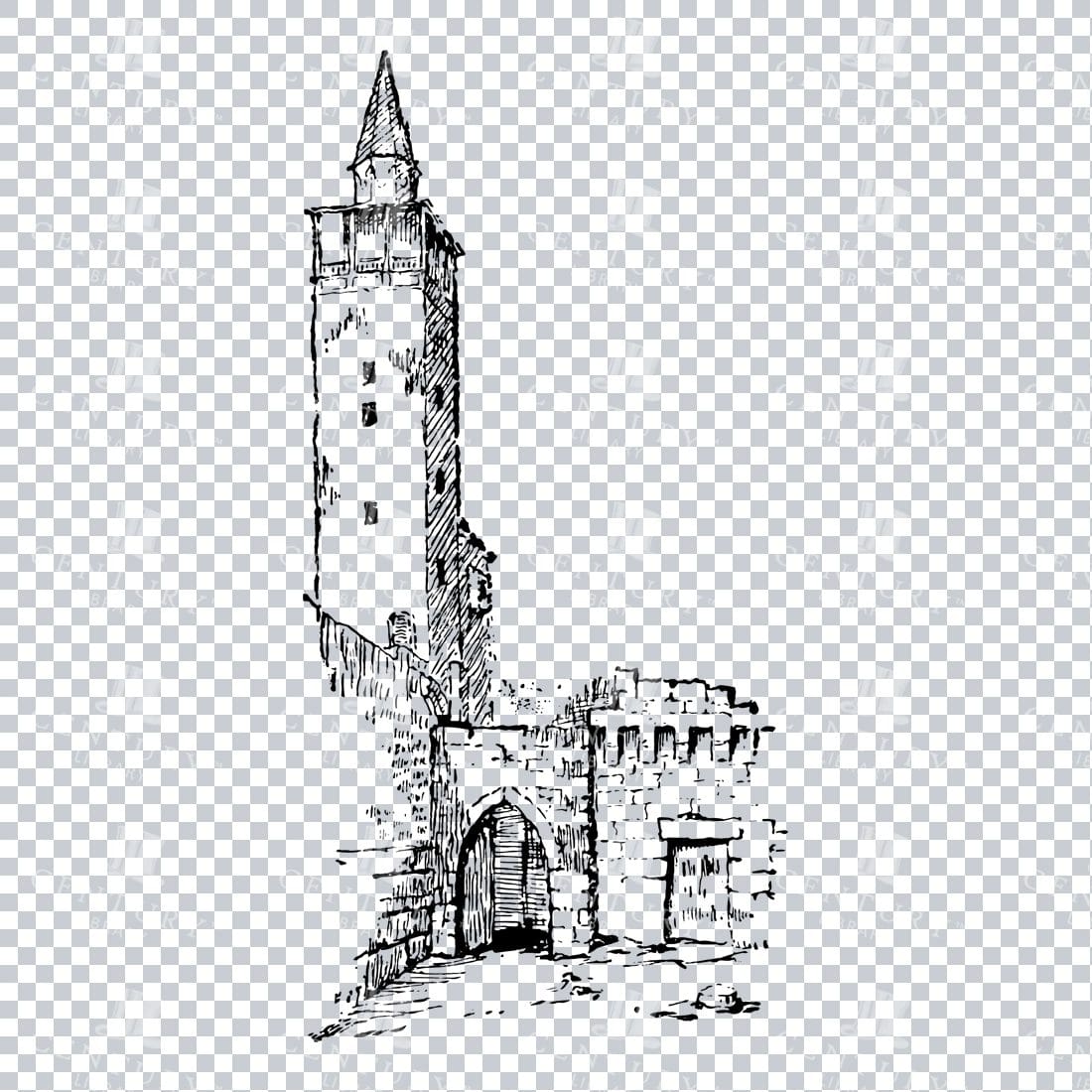 Vintage Line Art PNG Illustration of a Church / Steeple