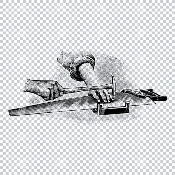 Stipple Shaded Illustration of a Craftsman Making a Hand Saw