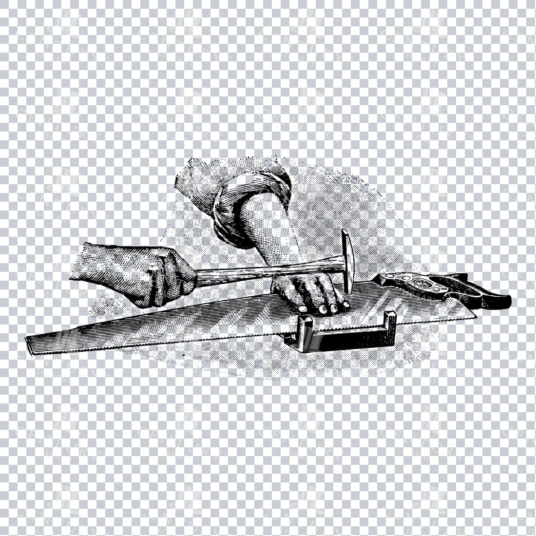 Stipple Shaded Illustration of a Craftsman Making a Hand Saw