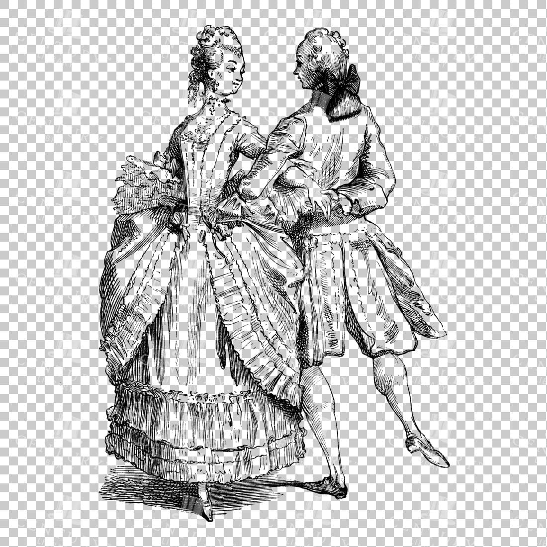 Vintage Line Art Illustration of two Victorians Dancing Wearing Upper Class Attire No.1
