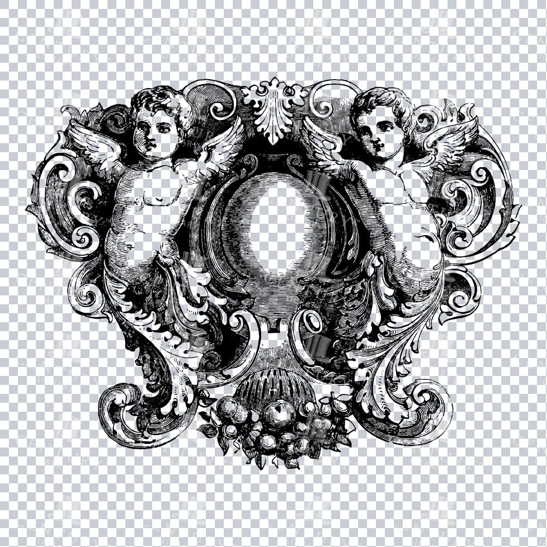 Decorative PNG Illustration of a Crest with Cherubs and Fruit