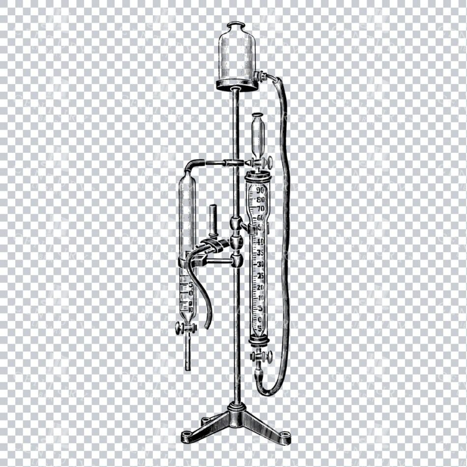 Laboratory Apparatus With Vertical Stand, Reservoir Bottle, Graduated Burettes And Stopcocks - Monochrome Line Art